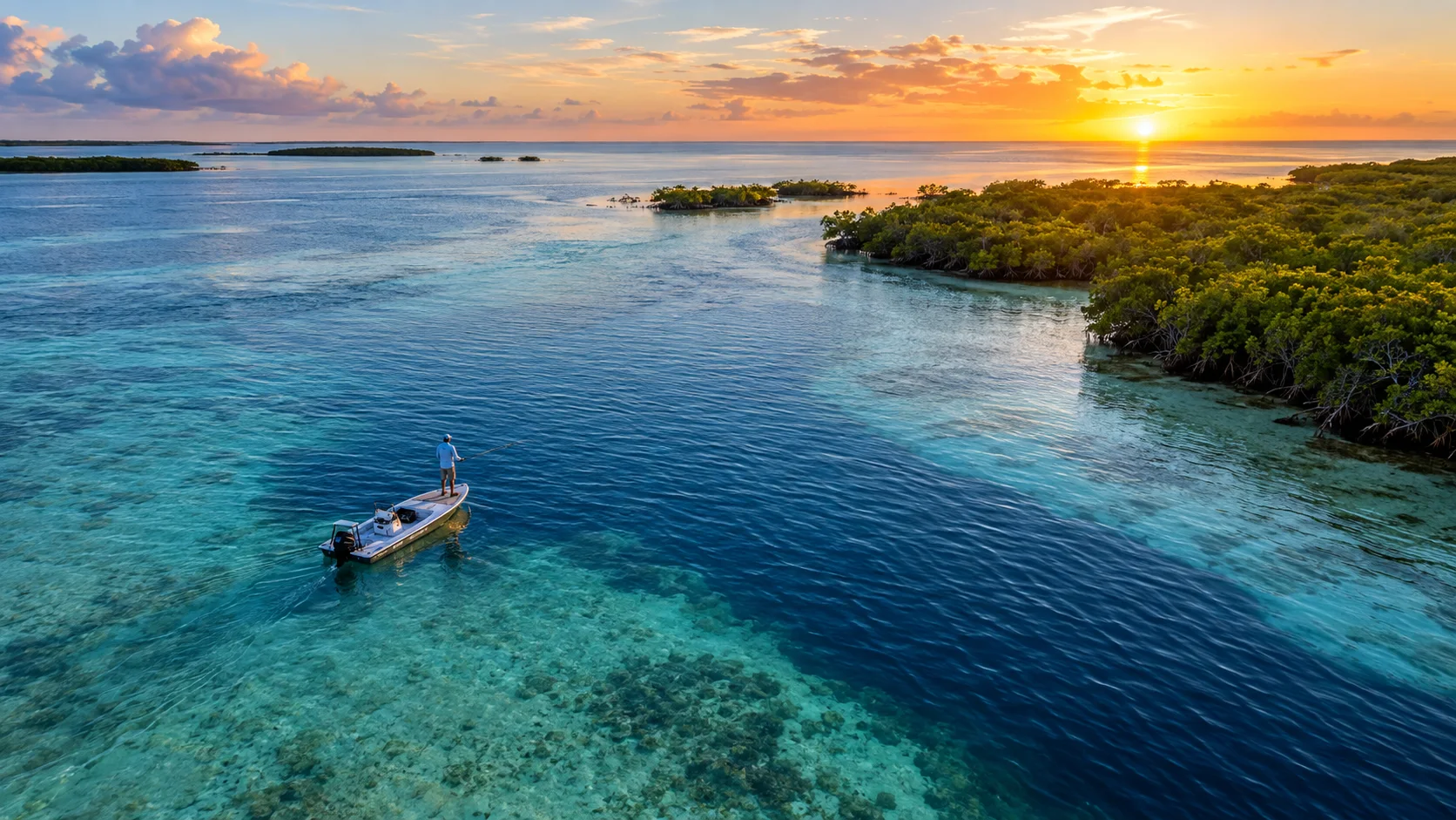 Illustration of an angler exploring a Florida coastal flat at sunrise